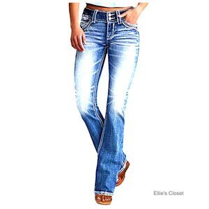 Stretchy Slim Bootcut Jeans Mid Rise Zip Flare Denim Pants